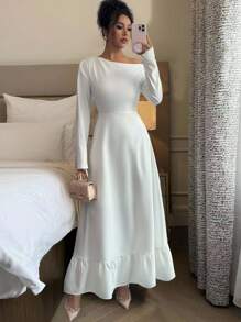 Elenzga Vestido largo de mujer con mangas largas, hombros oblicuos, volantes y estilo de Oriente Medio