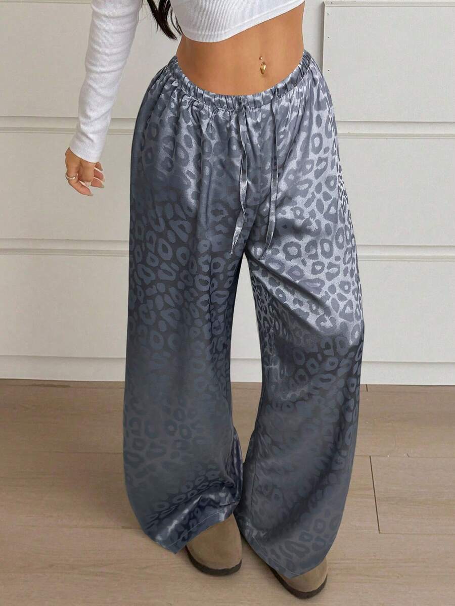 SHEIN EZwear 女士休闲灰色豹纹抽绳腰部宽松阔腿裤 - 灰色 - 查看 1