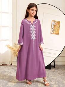 SHEIN Tween Mädchenkasualkleid im Resort-Muster mit lockerem Schnitt, 3/4-Ärmel, lila