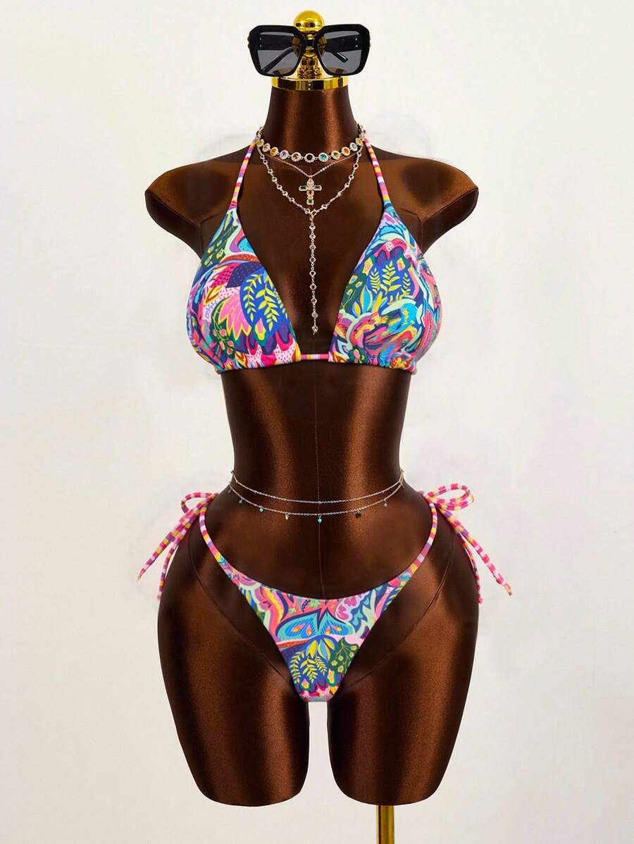 Zestiva Bộ bikini dây buộc cổ in hoa gợi cảm cho nữ đi nghỉ, in ngẫu nhiên - Nhiều màu - Xem 1