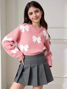 SHEIN Tween Girls Oversized Casual Comfy Round Neck Pullover Long Sleeve Bow Pattern Sweater,In Fall/Winter - Pink - View 1