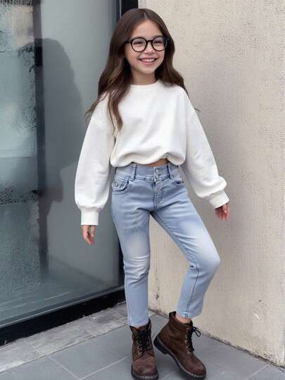 Elladie kids 1件装少女做旧牛仔裤，复古猫须水洗效果，修身版型，休闲可爱百搭，适合日常及户外穿着