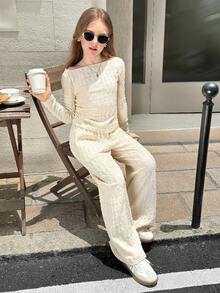 SHEIN Tween Girls Solid Apricot Beige Retro Collegiate Casual Textrue Knitted Off Shoulder Top Long Sleeve Top And Wide Leg Pants 2pcs Set, Casual Daily Wear, For Autumn Winter Knit  Casual Set
