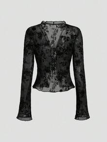 Sweetra Women's New Spring/Autumn Floral Embroidered Mesh Patchwork Flare Sleeve Cardigan, Suitable For Outings, Vacation, Party