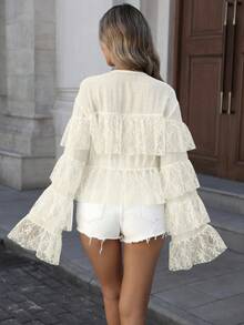 INAWLY 女士秋季撞色蕾丝荷叶边下摆优雅衬衫，长袖女士衬衫 - 杏色 - 查看 2