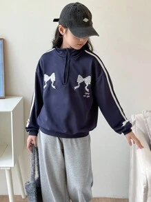 SHEIN 2pcs/Set Girls' Oversized Bow Decor Sweatshirt + Loose Fit Sweatpants, Navy Blue + Grey - Royal Blue - View 5
