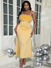 INAWLY Plus Size Women Satin Feather Strap Dress - Yellow - View 1