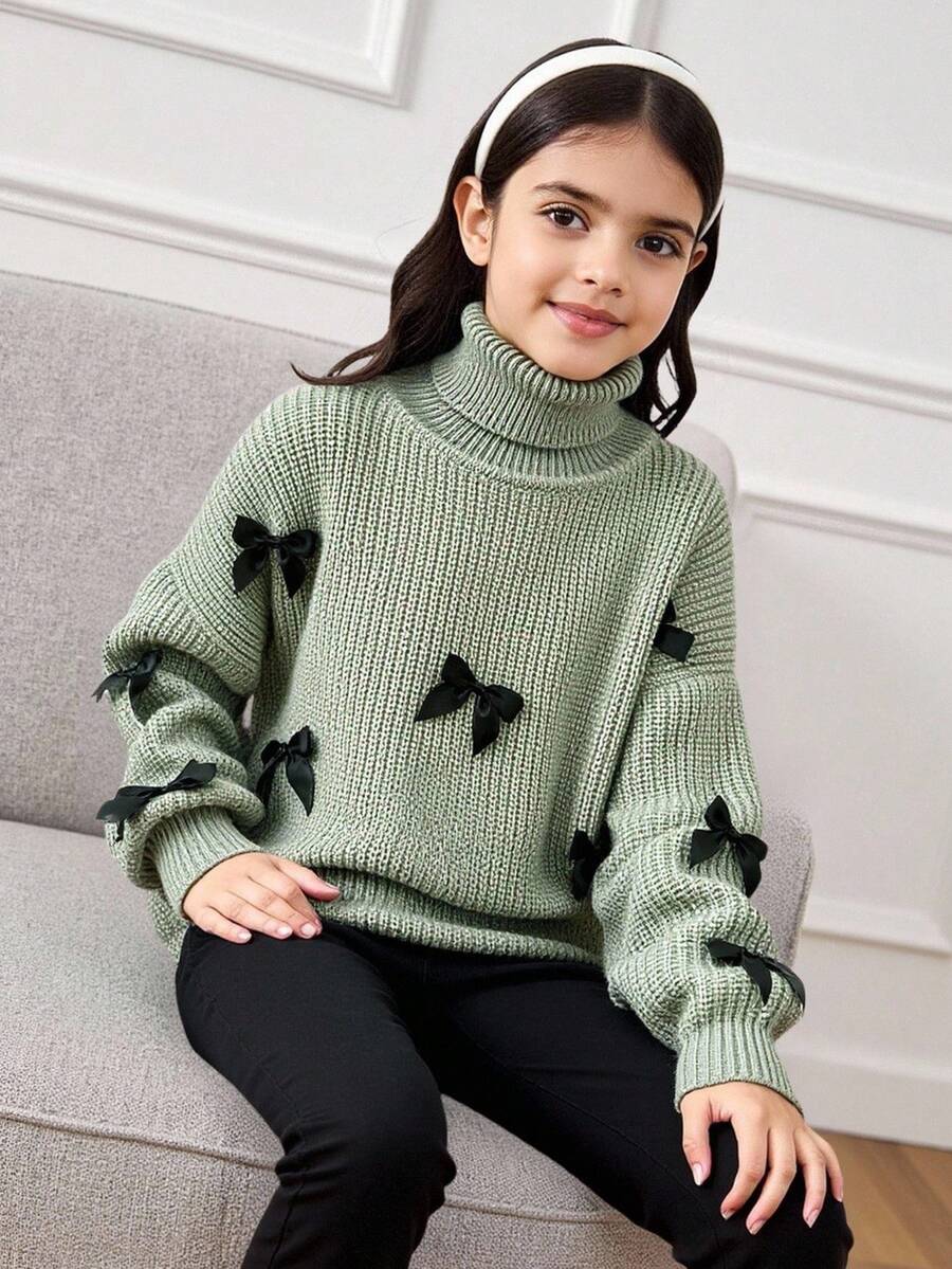 SHEIN Tween Girls' Casual Butterfly Decor Loose Fit High Neck Textured Oversized Green Pullover Sweater,In Fall/Winter - Green - View 1