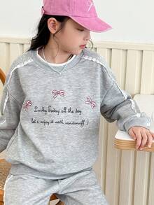 Genkimix Kids 2pcs Tween Girls Lace Trim Bow Letter Print Double Layer Collar Sweatshirt + Lace Trim Solid Color Casual Jogger Pants - Grey - View 5