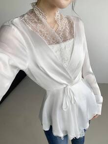 Giddy West Giddy West Women's Commuting Minimalist Lace Patchwork Tie Front Lightweight Jacket - White - View 4