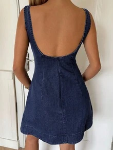 SHEIN EZwear 女式性感露背无袖牛仔连衣裙，夏季 - 深色水洗藍 - 查看 2