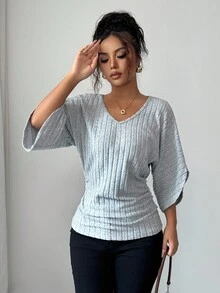 Selianne 女式舒适休闲V领荷叶边蝙蝠袖纯色拉绒罗纹T恤 - 灰色 - 查看 6