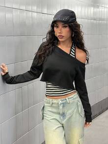 StreetHx 2025秋冬二合一性感露肩图案卫衣 - 黑與白 - 查看 6