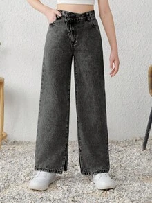 SHEIN Tween Girls Y2K 春夏波西米亚风石洗休闲开叉下摆不对称腰部宽松阔腿牛仔裤，女童夏装套装 - 黑色 - 查看 5