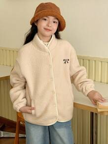 Genkimix Kids Áo khoác Genkimix Tween Girl cổ đứng thêu nơ đen màu be, áo khoác thường, áo khoác mùa đông, thích hợp cho đi chơi, đi học và mặc thường ngày - Màu be - Xem 5