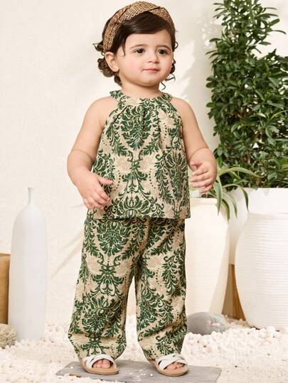 Travachic KIDS Baby Girls' Cute Floral Print Vacation Outfit: Tank Top And Pants Set, Summer