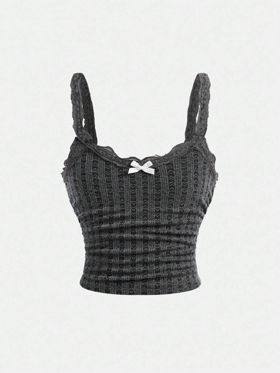 SHEIN Girlism Tween Girl Casual Minimalist Comfortable Lace Bow Decor Camisole - Dark Grey - View 1