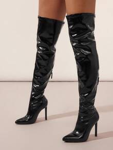 SHUZIA Women's Sexy Pointy Toe Thigh High Weekend Night Party Show Out Hot Stiletto Heeled Boots For Christmas - Black - View 2