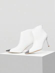 Mnmlis 女士时尚优雅细高跟尖头中筒靴，后拉链 - 白色 - 查看 1