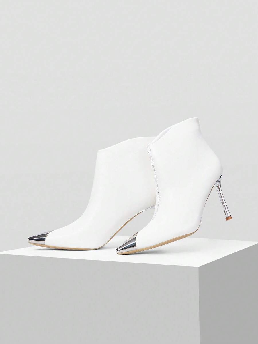 Mnmlis 女士时尚优雅细高跟尖头中筒靴，后拉链 - 白色 - 查看 1