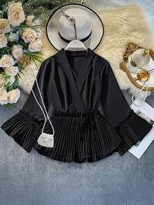 DreamSkyne Elegantes Damen Shirt in Große Größen - V-Ausschnitt, weite Ärmel, Raffungen, Taillenband mit Schnürung, schmale Passform, Langarm, Nähprozess für eleganten Ausgang und Büroalltag - Exquisite Bluse für kleine Damen - Schwarz - Übersicht 1