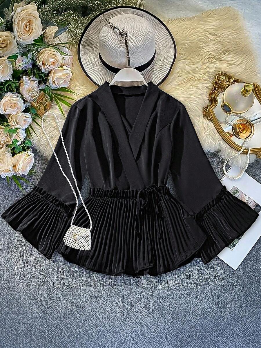DreamSkyne Elegantes Damen Shirt in Große Größen - V-Ausschnitt, weite Ärmel, Raffungen, Taillenband mit Schnürung, schmale Passform, Langarm, Nähprozess für eleganten Ausgang und Büroalltag - Exquisite Bluse für kleine Damen - Schwarz - Übersicht 1