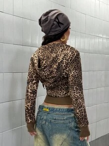 StreetHx Chic Leopard Print Zip-Up Hoodie Sweatshirt, Fitted Short Style, Autumn/Winter Fall Cloth For Women - Multicolor - View 2