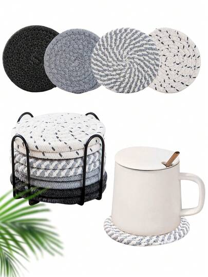 8pcs Pack Coasters With Holder, Minimalist Table Woven Coasters, Kitchen Table Heat-Resistant Coasters And Thick Insulation Pads For Kitchen Decor,4 Colors Assorted Coaster Set For Home Decor, Living Room Decor, Kitchen Decor Tabletop Protection Suitable For Kinds Of Cups, Christmas For Holiday Gift Giving