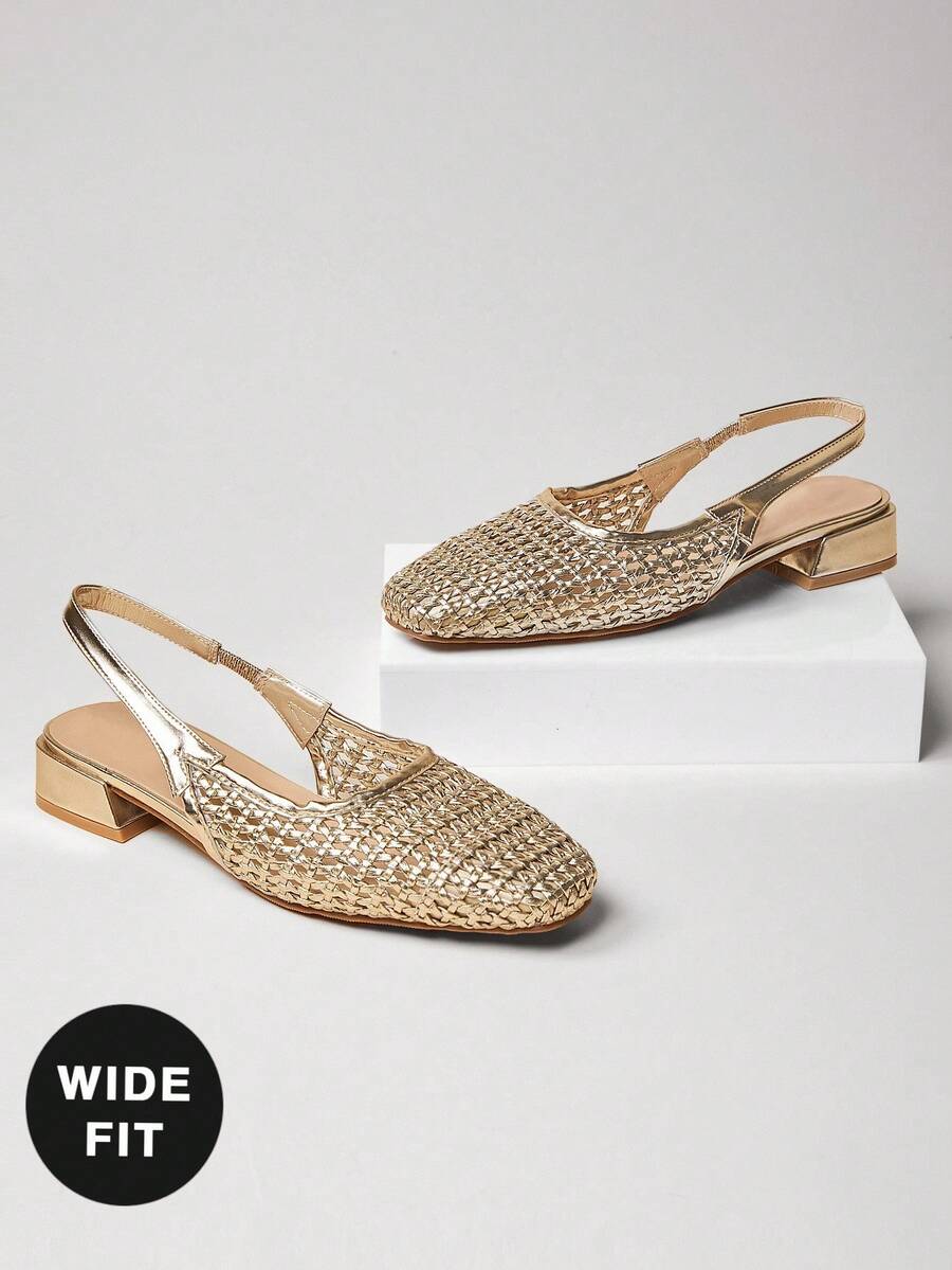 SHUZIA Ladies Wide-Fit Comfy Crochet Slingback Pumps For Christmas - Gold - View 1