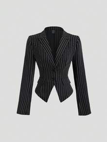 Sweetra Bộ đồ vest blazer dài tay mùa thu dành cho nữ và váy ngắn không tay kẻ sọc, trang phục công sở/thường ngày tối giản - màu đen - Xem 4