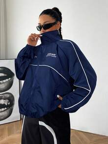 SHEIN EZwear 大码女式休闲运动风字母印花撞色滚边插肩袖拉链夹克 - 藏蓝色 - 查看 1
