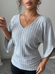 Selianne 女式舒适休闲V领荷叶边蝙蝠袖纯色拉绒罗纹T恤 - 灰色 - 查看 5