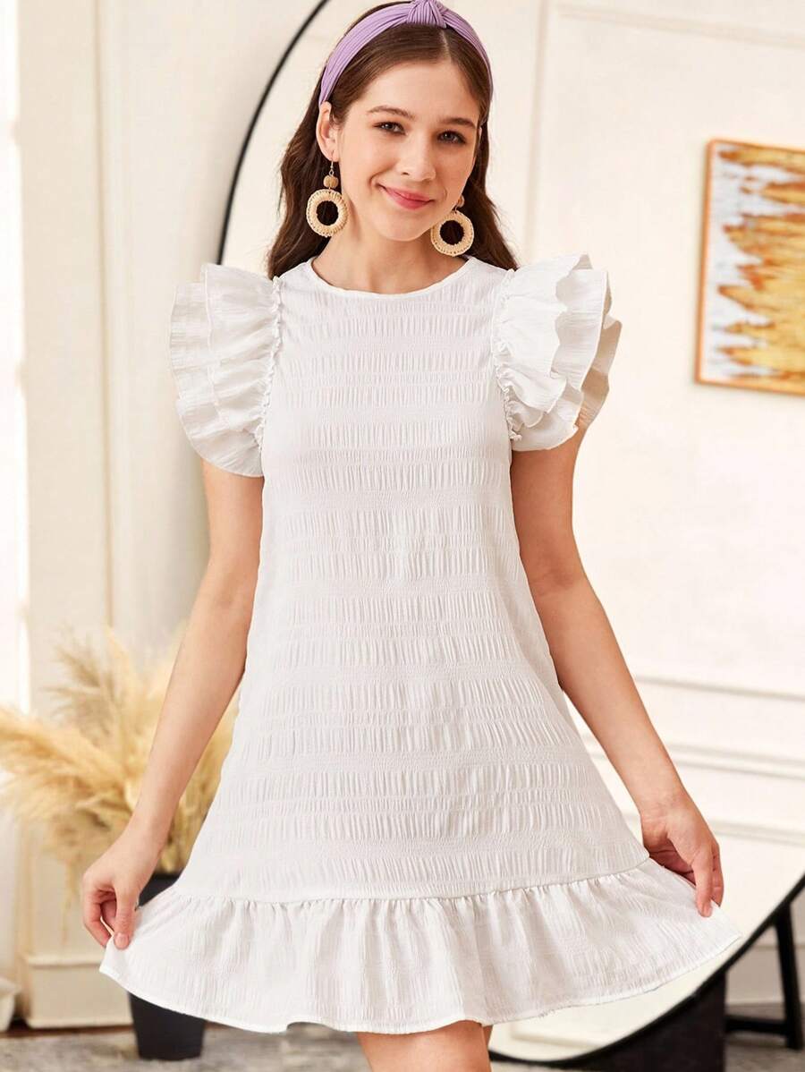 SHEIN Teen Girl Chiffon Solid Jacquard Ruffle Sleeve Casual Dress - White - View 1
