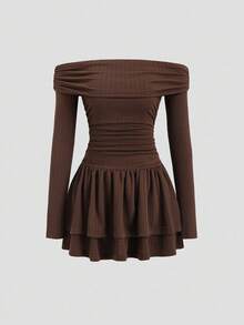 Sweetra 女式新款露肩长袖连衣裙，腰部有褶饰，下摆有层叠荷叶边，适合通勤、旅行和度假，春秋季