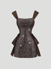 Sweetra Đầm ôm sát vai trễ vai đính đá lấp lánh mới dành cho nữ, thắt eo bằng vải sa tanh, thích hợp cho tiệc tùng, Halloween, mùa xuân/thu - Cà phê nâu - Xem 6