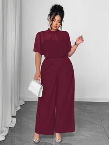 Elenzga 大码女式优雅度假夏季通勤连体衣 - 酒紅色 - 查看 6