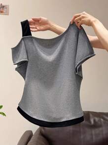 SHEIN Women's 2 In 1 Oblique Shoulder Short Sleeve T-Shirt Top, Summer