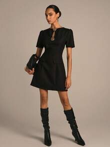 NOVVYNE Vestido de trabajo elegante de manga abullonada para mujer, vestido jacquard negro de línea A ajustado, vestido negro elegante con decoración metálica calada