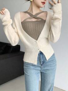 SHEIN LUNE Cárdigan de manga larga y corto de punto para mujer, diseño minimalista y versátil - Albaricoque - Ver 1
