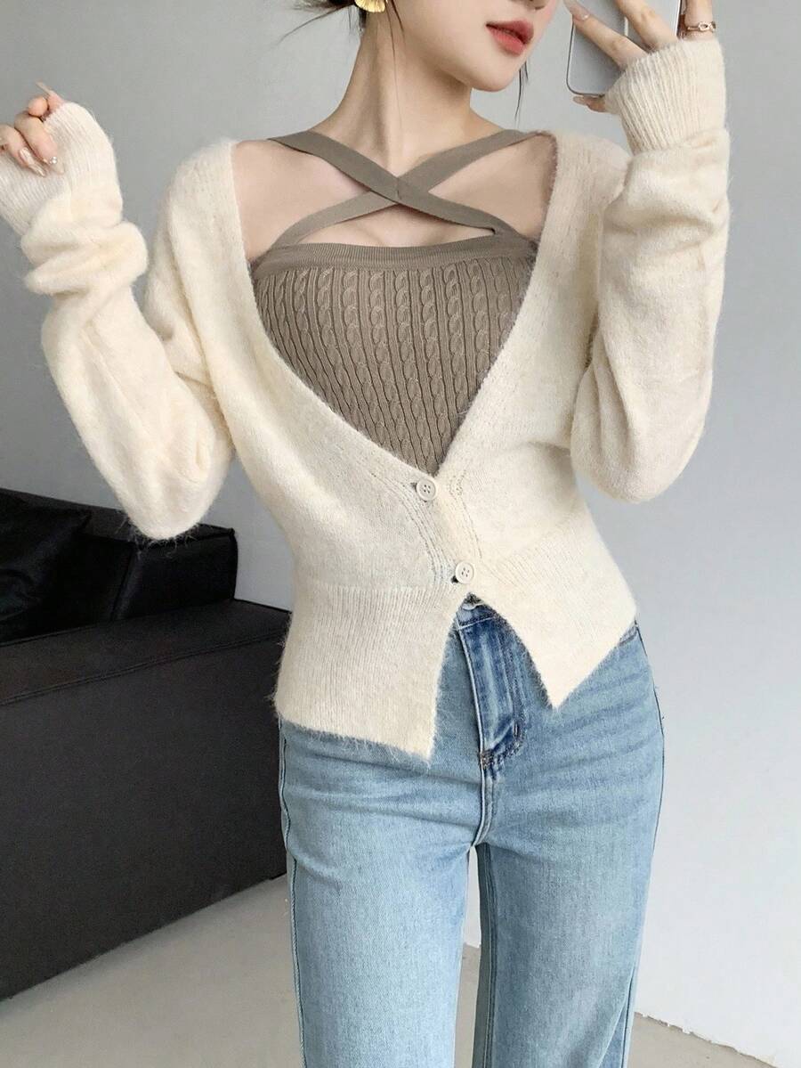 SHEIN LUNE Cárdigan de manga larga y corto de punto para mujer, diseño minimalista y versátil - Albaricoque - Ver 1