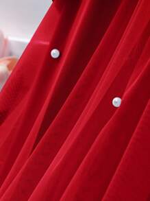 Elegant Fashion Ruffle Trim Pearl Decor Mesh Girls Dress - Red - View 8