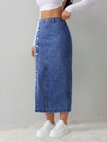 SHEIN PETITE 女士蓝色牛仔半身裙中长裙办公室装铅笔裙夏季开衩牛仔半身裙 - 深色水洗藍 - 查看 4