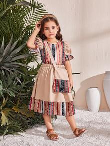 SHEIN 2pcs Young Girl Ditsy Floral Chiffon Shirt With Skirt Set And Crossbody Bag - Khaki - View 4