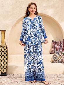 SHEIN 少女开斋节、国庆节、情人节、中国风、度假花卉印花宽松衬衫和裤子两件套 - 藍白色 - 查看 3