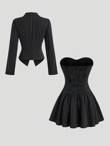 Sweetra Bộ đồ vest blazer dài tay mùa thu dành cho nữ và váy ngắn không tay kẻ sọc, trang phục công sở/thường ngày tối giản - màu đen - Xem 2