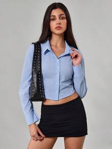 Avenya Tailored Button Through Fitted Long Sleeve Shirt Short Waist Cinching Shirt Stretch Fabric Fitted Blue Solid Color Long Sleeve Shirt ,Old Money Vacation Everyday Airport Holiday Oversized Beach Fall Back To School Work ,Business Casual Vacation Casual - Blue - View 6