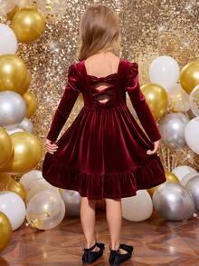 SHEIN Young Girl Cute Back 3D Bowknot Decoration Dress, Casual Simple Elegant  Dress, Suitable For Autumn And Winter,For Christmas,Party Wear,Birthday Dress - Burgundy - View 9
