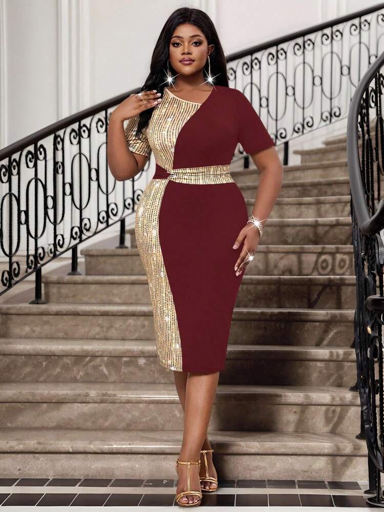 gold and red cocktail dress SHEIN Lady Gold,Summer,Curve,Elegant,Cocktail Dark Plus Size Bodycon Midi Dress,Women's Round Neck Short Sleeve Contrast Mesh Office Party Pencil Dresses elegant classy red cocktail dress HJTT Tutu Dress for Color:Caspian Sea Red Cocktail Dress BeverlyHillsDiaries