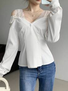 SHEIN LUNE Women's Solid Color Long Sleeve Lace Patchwork Blouse - White - View 7