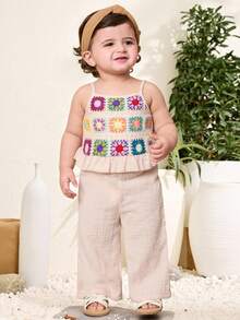 SHEIN 女婴可爱荷叶边钩针装饰吊带连体裤夏季